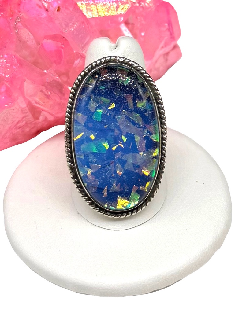 Australian Fire Opal Ring Size 8 Solid 925 Sterling Silver Blue Oval Chunky